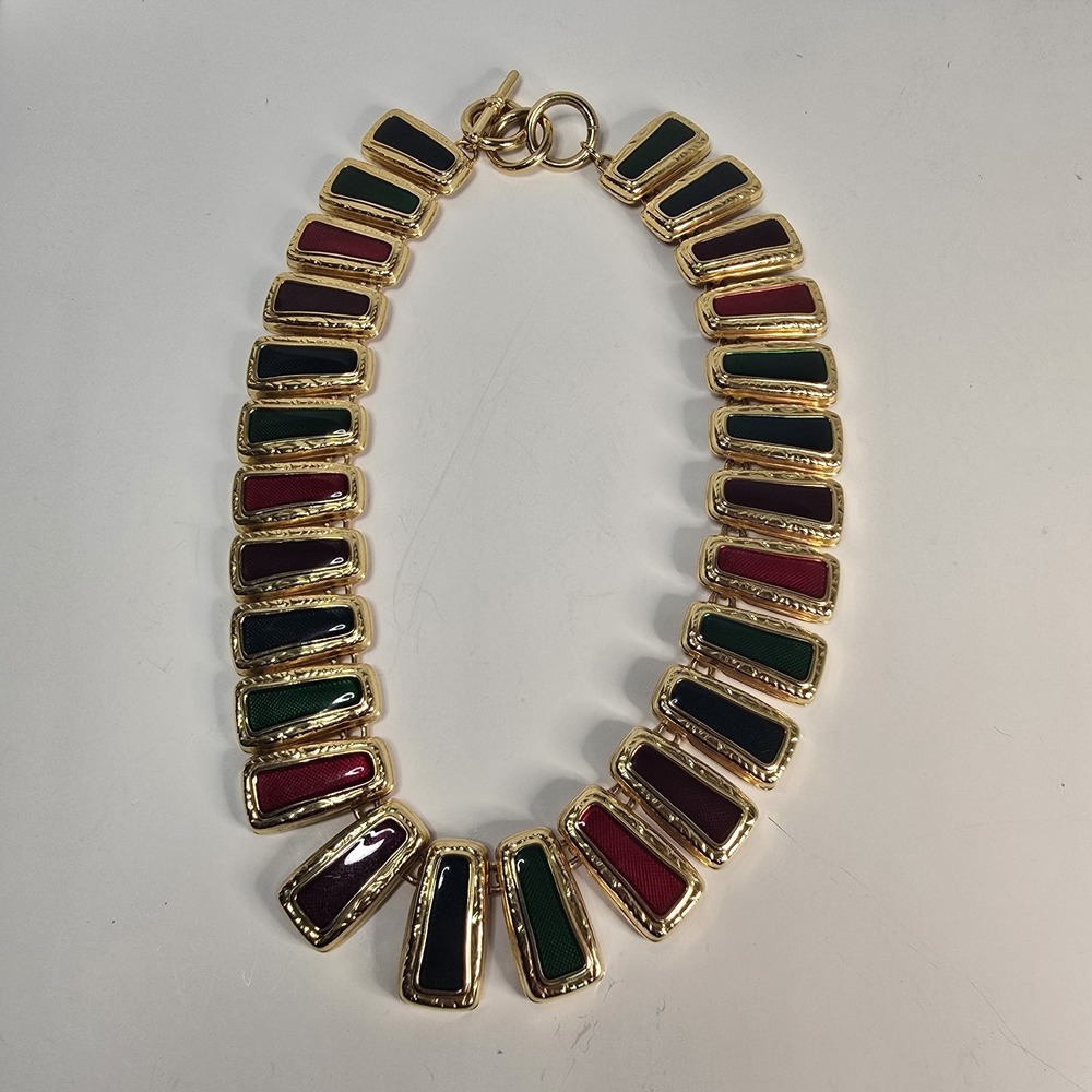 Vintage Anne Klein Byzantine Enamel Collar Necklace 80s Chunky Gold Tone Choker